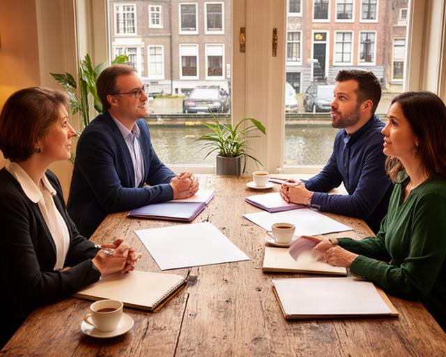 Team van G&M Partners in overleg aan een houten tafel bij de Prinsengracht